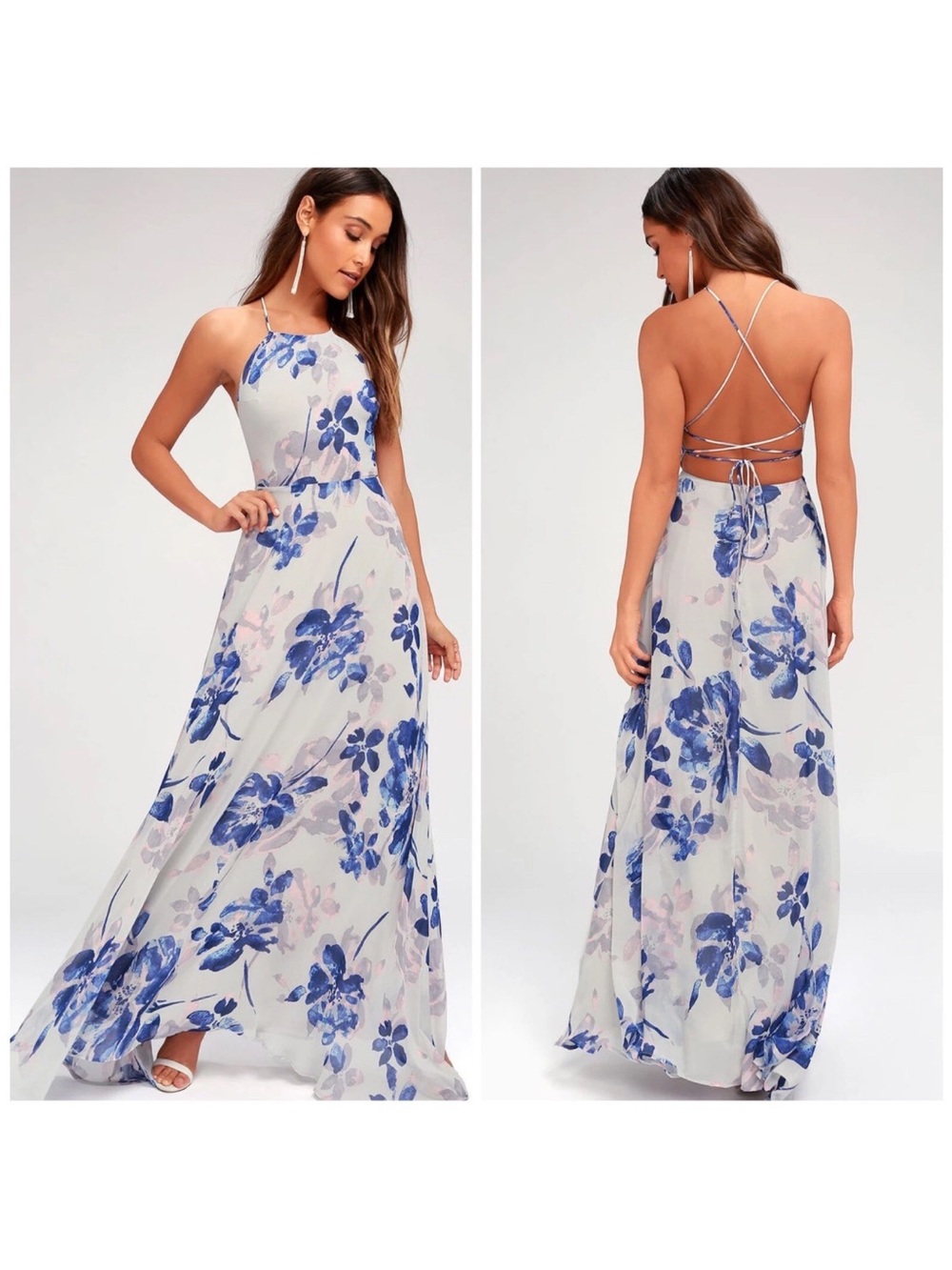 Lulu's White Maxi Dress with Blue Floral Print and Strappy Open Back